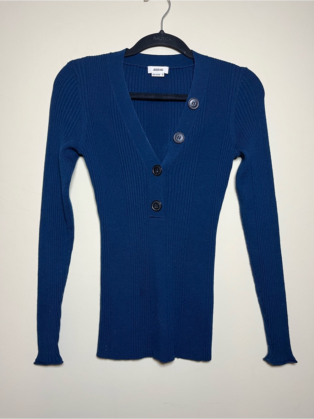 Jason Wu Ribbed V Neck Henley Sweater Button Navy Blue Women’s Size XS